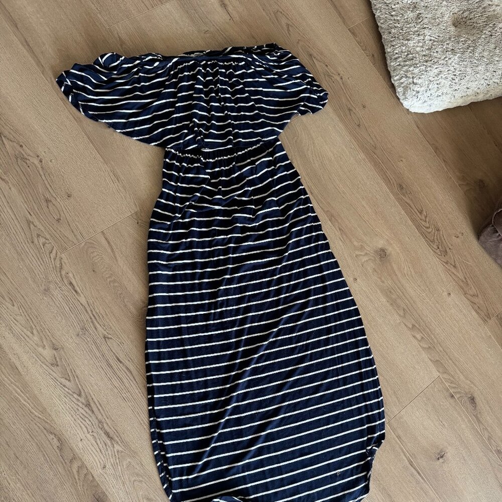 Navy blue and white striped off the shoulder maxi dress